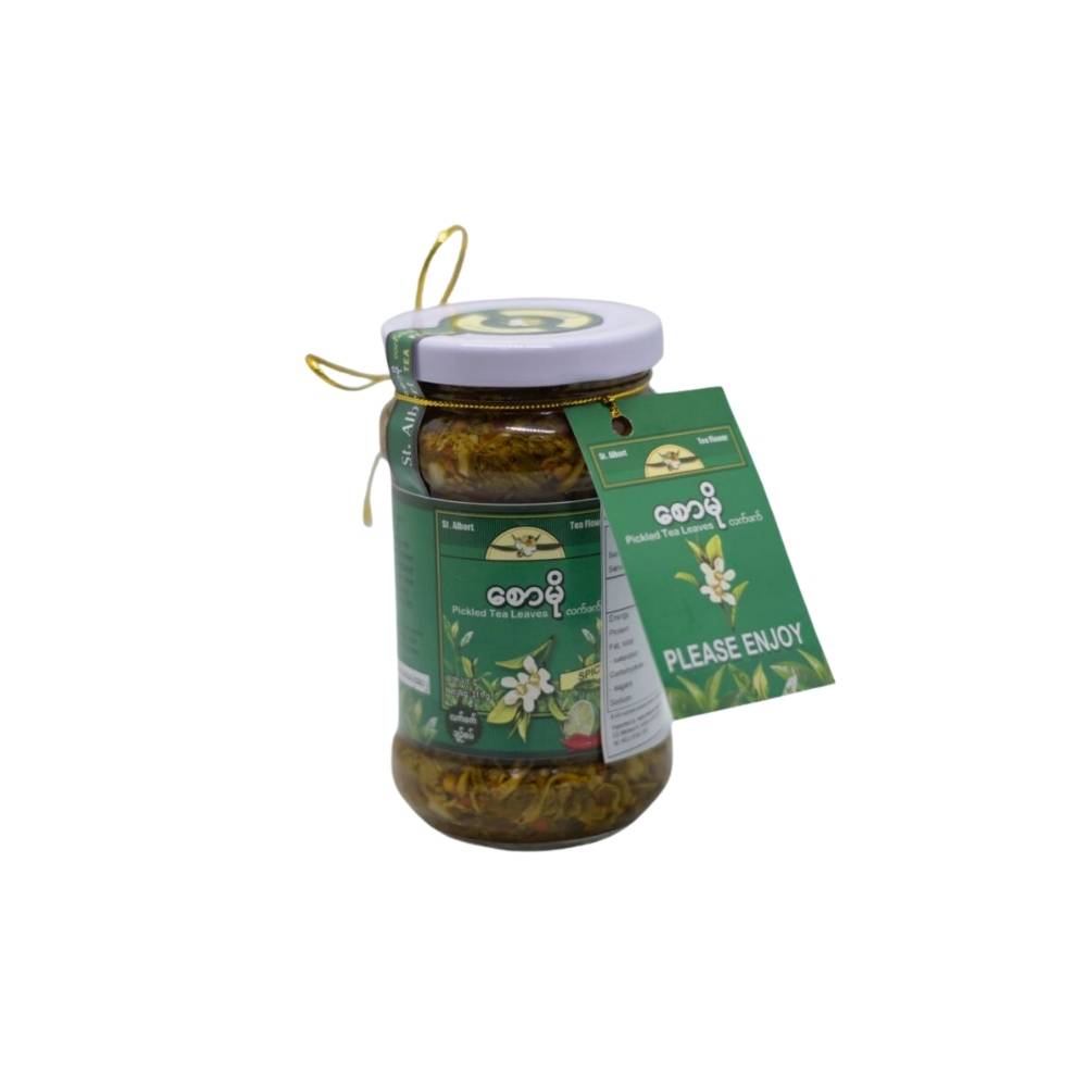 Saw Mo Pickled Tea Leaf in Glass Jar (Spicy) စောမို လက်ဖက်ညွန့်နှပ်ချဉ်စပ်