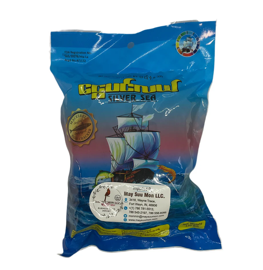 Silver Sea Mackerel Fish Cracker ( ငွေပင်လယ်ငါးကွန်းရှပ်ငါးမုန့် အထုတ်ကြီး) 160 gm